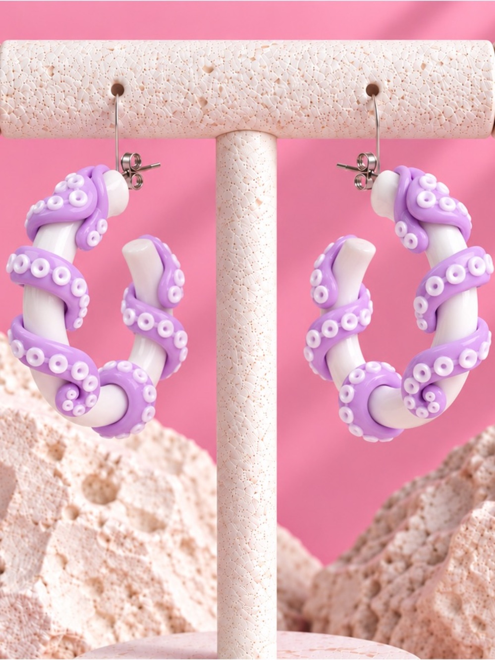 Tangled Tentacles — Handmade Hoop Earrings — White and Purple
